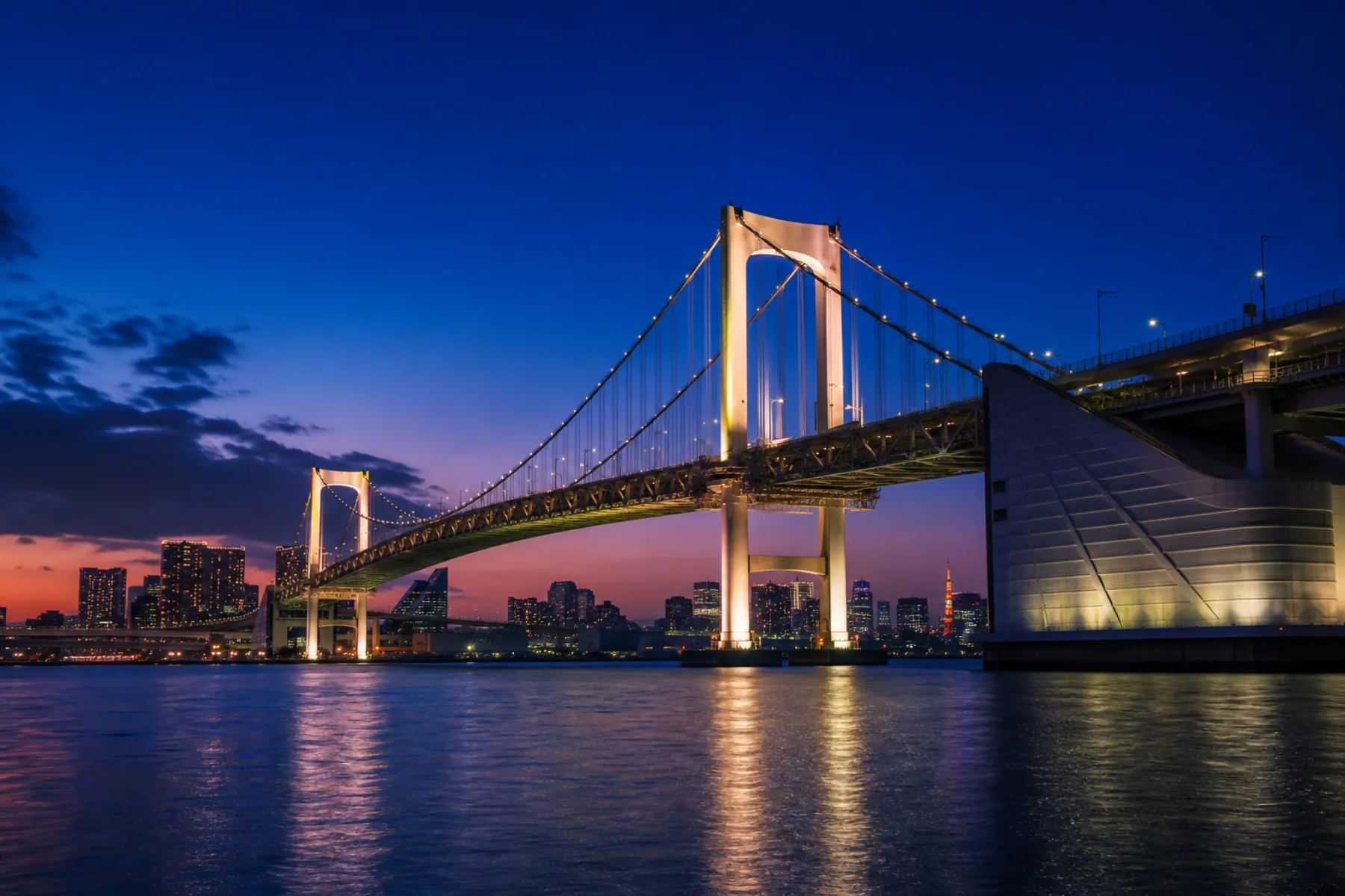 A scenic bridge in Japan at twilight, lights reflected on the bay.