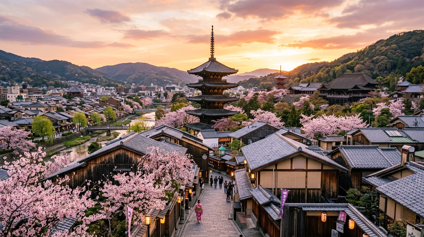 A traditional stone path in Kyoto during a clear day with a gorgeous pagoda in the background.