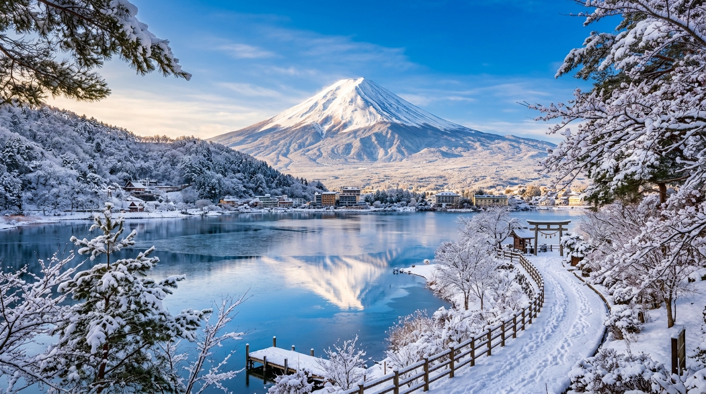 A majestic snow-capped view of Mount Fuji framed by vibrant pink cherry blossoms.
