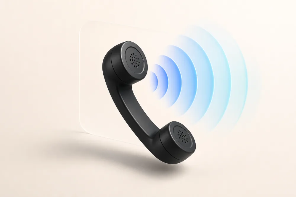 A black telephone handset with cobalt blue sound waves on a soft cream background.