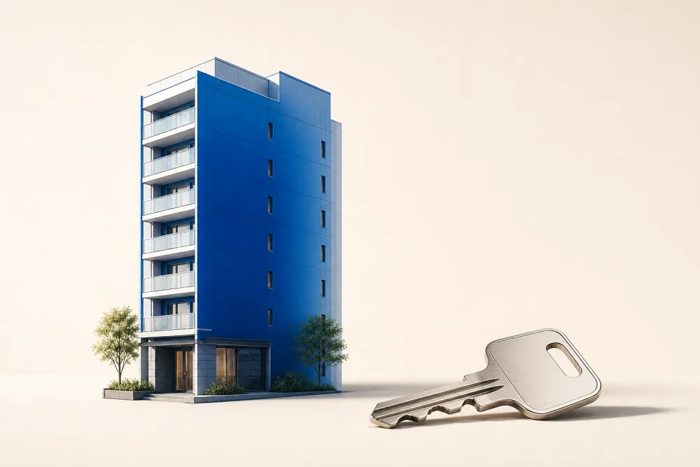 A modern blue apartment building in Japan beside a polished silver key.